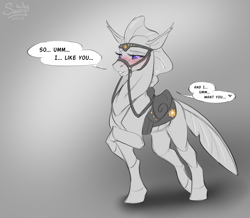 Size: 1400x1221 | Tagged: safe, artist:sunny way, imported from derpibooru, oc, oc only, changedling, changeling, blushing, chitin, cute, dialogue, digital art, female, harness, mare, patreon, patreon reward, quadrupedal, saddle, solo, tack