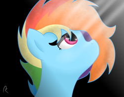 Size: 1380x1080 | Tagged: safe, artist:reinbou, imported from derpibooru, rainbow dash, pegasus, pony, alternate hairstyle, black background, light, no mouth, simple background, solo