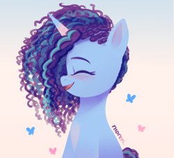 Size: 2106x1917 | Tagged: safe, artist:maren, imported from derpibooru, butterfly, pony, unicorn, blushing, bust, cornrows, cute, eyes closed, female, freckles, g5, gradient background, high res, mare, misty brightdawn, mistybetes, open mouth, open smile, pale belly, profile, smiling, solo