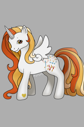 Size: 532x800 | Tagged: safe, imported from derpibooru, oc, oc:golden heart explosion, alicorn, g2, gray background, looking at you, multicolored hair, original character do not steal, pony maker, rainbow eyes, simple background, smiling, smiling at you, solo, white coat, white fur
