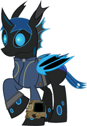 Size: 876x1272 | Tagged: safe, artist:ponygamer2020, derpibooru exclusive, imported from derpibooru, oc, oc only, oc:w. rhinestone eyes, changeling, fallout equestria, bat wings, blue changeling, blue eyes, changeling oc, clothes, cute, fallout, folded wings, hair, happy, horn, jumpsuit, male, pipboy, simple background, solo, transparent background, vault suit, vector, wings