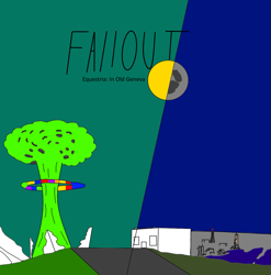 Size: 1151x1166 | Tagged: safe, artist:republic ball, imported from derpibooru, fallout equestria, city, cityscape, fanfic, fanfic art, fanfic cover, in old geneva, megaspell, megaspell explosion, moon, no pony, paint.net, split screen, sun, two sides