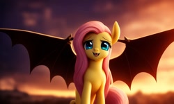 Size: 1280x768 | Tagged: safe, generator:lucidpony:sd is magic 2, imported from derpibooru, fluttershy, bat pony, pony, ai content, ai generated, backlighting, bat ponified, bat wings, cloud, cloudy, cute, fangs, flutterbat, generator:stable diffusion, green eyes, looking at you, looking forward, pink mane, race swap, simple background, sitting, smiling, solo, spread wings, wings