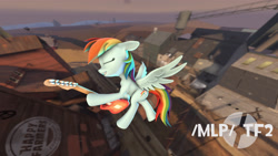 Size: 3840x2160 | Tagged: safe, imported from derpibooru, rainbow dash, pegasus, /mlp/ tf2 general, 2fort, 3d, electric guitar, eyes closed, flying, guitar, musical instrument, source filmmaker, spread wings, team fortress 2, team fortress 2 logo, text, wings