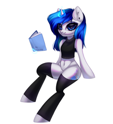Size: 3333x3666 | Tagged: safe, artist:02vxmp, artist:minchyseok, imported from derpibooru, oc, oc only, oc:mind, pony, semi-anthro, unicorn, belly button, book, clothes, ear piercing, eyeshadow, makeup, piercing, simple background, socks, solo, sweater, thigh highs, white background