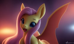 Size: 1280x768 | Tagged: safe, generator:lucidpony:sd is magic 2, imported from derpibooru, fluttershy, bat pony, pony, ai content, ai generated, backlighting, bat ponified, bat wings, cute, fangs, flutterbat, generator:stable diffusion, green eyes, looking at you, looking forward, pink mane, race swap, simple background, sitting, smiling, solo, spread wings, wings