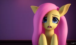 Size: 1280x768 | Tagged: safe, generator:lucidpony:sd is magic 2, imported from derpibooru, fluttershy, bat pony, pony, ai content, ai generated, backlighting, bat ponified, blue eyes, cute, fangs, flutterbat, generator:stable diffusion, looking at you, looking forward, pink mane, race swap, scared, simple background, sitting, solo, spread wings, wings