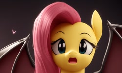 Size: 1280x768 | Tagged: safe, generator:lucidpony:sd is magic 2, imported from derpibooru, fluttershy, bat pony, pony, ai content, ai generated, backlighting, bat ponified, bat wings, close-up, cute, flutterbat, gasp, generator:stable diffusion, green eyes, looking at you, looking forward, open mouth, pink mane, race swap, simple background, solo, spread wings, wings