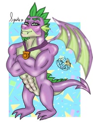 Size: 768x1024 | Tagged: safe, artist:pw-jkg-cherrys, imported from derpibooru, spike, dragon, abs, beefspike, facial hair, gigachad, gigachad spike, goatee, male, muscles, muscular male, older, older spike, passepartout, solo, winged spike, wings
