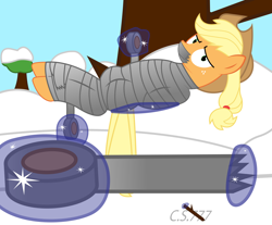 Size: 8192x6780 | Tagged: safe, artist:cardshark777, imported from derpibooru, applejack, earth pony, pony, winter wrap up, accessory, applejack's hat, bondage, captive, cowboy hat, digital art, duct tape, floating, gag, hat, helpless, light blue background, looking at you, magic, magic glow, mummification, mummified, panic, pun, signature, simple background, sky, snow, solo, stick, tape, tape bondage, tape gag, telekinesis, text, tree, tree branch, wrapped up, wrapping