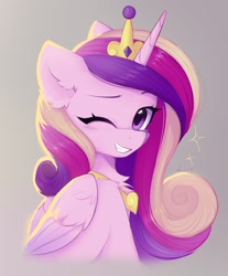 Size: 1528x1848 | Tagged: safe, artist:lerkfruitbat, imported from derpibooru, princess cadance, alicorn, pony, crown, cute, cutedance, eyebrows, female, folded wings, gradient background, grin, jewelry, looking at you, mare, one eye closed, peytral, regalia, signature, smiling, smiling at you, solo, wings, wink, winking at you