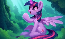 Size: 1280x768 | Tagged: safe, generator:ponydiffusion, imported from derpibooru, twilight sparkle, alicorn, pony, ai content, ai generated, cute, female, forest background, generator:stable diffusion, looking sideways, mare, open mouth, open smile, purple eyes, purple hair, sitting, smiling, solo, spread wings, twilight sparkle (alicorn), wings