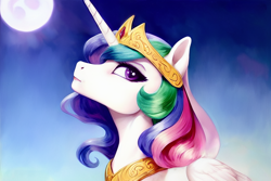 Size: 1920x1280 | Tagged: safe, derpibooru exclusive, editor:dovakkins, imported from derpibooru, princess celestia, alicorn, pony, ai content, ai generated, beautiful, blue sky, bust, cloud, cloudy, feather, female, generator:stable diffusion, horn, jewelry, long mane, looking back, majestic, mare, moon, peytral, raised chin, raised head, regalia, sky, solo, wavy mane, wings