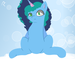 Size: 1380x1080 | Tagged: safe, artist:reinbou, imported from derpibooru, pony, unicorn, blue background, cyan background, g5, looking at you, misty brightdawn, simple background, sitting, solo