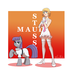 Size: 1945x2033 | Tagged: safe, artist:feralroku, imported from derpibooru, maud pie, earth pony, human, pony, alternate clothes, alternate universe, clothes, crossover, garter belt, gloves, necktie, one piece, palindrome get, raised hoof, stussy (one piece)