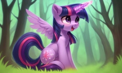 Size: 1280x768 | Tagged: safe, generator:ponydiffusion, imported from derpibooru, twilight sparkle, alicorn, pony, ai content, ai generated, cute, forest background, generator:stable diffusion, looking sideways, open mouth, purple eyes, purple hair, sitting, smiling, solo, spread wings, twilight sparkle (alicorn), wings