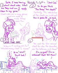 Size: 4779x6013 | Tagged: safe, artist:adorkabletwilightandfriends, imported from derpibooru, spike, twilight sparkle, alicorn, comic:adorkable twilight and friends, adorkable, adorkable twilight, bed, bedroom, blushing, butt, cheating, comic, computer, cute, dork, ear blush, embarrassed, excited, happy, laptop computer, lying down, magic, nervous, plot, plump, prone, question, regret, shocked, surprised, the ponies, the sims, twilight sparkle (alicorn), video game, we don't normally wear clothes