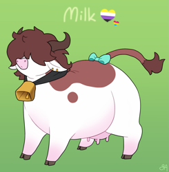 Size: 1245x1273 | Tagged: safe, artist:greenarsonist, imported from derpibooru, oc, oc only, oc:milk, cow, bell, bovine, bow, cloven hooves, cowbell, fat, gradient background, hair over eyes, horns, nonbinary, nonbinary pride flag, pansexual, pansexual pride flag, pride, pride flag, solo, tail, tail bow, udder