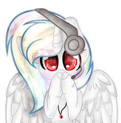 Size: 1327x1341 | Tagged: safe, artist:angellightyt, imported from derpibooru, oc, oc only, oc:white rainbow, alicorn, pony, alicorn oc, base used, bust, eyelashes, female, headset, horn, mare, multicolored hair, rainbow hair, red eyes, simple background, solo, transparent background, wings