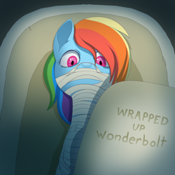 Size: 2000x2000 | Tagged: safe, artist:zettaidullahan, imported from derpibooru, rainbow dash, pegasus, pony, bondage, fanfic, fanfic art, fanfic cover, female, gag, high res, mare, mummification, mummified, sarcophagus, solo, wide eyes