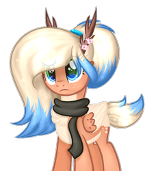Size: 1055x1155 | Tagged: safe, artist:angellightyt, imported from derpibooru, oc, oc only, oc:flower blossom, deer, pegadeer, pony, antlers, base used, clothes, colored wings, eyelashes, female, frown, mare, scarf, simple background, solo, transparent background, two toned wings, wings