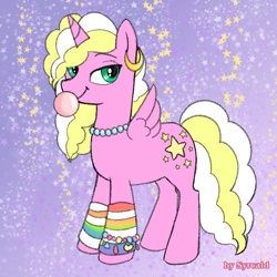 Size: 800x800 | Tagged: safe, artist:syrcaid, imported from derpibooru, oc, oc only, oc:cutie star, alicorn, bubblegum, food, green eyes, gum, multicolored hair, multicolored mane, multicolored tail, original character do not steal, pink fur, solo, starry background, tail