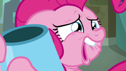 Size: 1280x720 | Tagged: safe, imported from derpibooru, screencap, pinkie pie, the gift of the maud pie, debating, faic, female, floppy ears, hug, lip bite, manehattan, party cannon, sad, sentimental value, solo, sweat