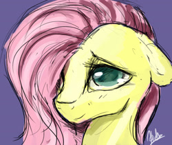 Size: 2100x1776 | Tagged: safe, artist:minckies, imported from derpibooru, fluttershy, pegasus, pony, bust, colored sketch, female, floppy ears, hair over one eye, looking at you, mare, portrait, purple background, signature, simple background, smiling, solo