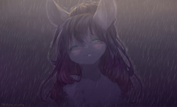 Size: 3154x1901 | Tagged: safe, artist:prettyshinegp, imported from derpibooru, oc, oc only, earth pony, pony, bust, earth pony oc, female, mare, outdoors, rain, smiling, solo, wet, wet mane