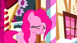 Size: 1280x720 | Tagged: safe, imported from derpibooru, screencap, pinkie pie, earth pony, pony, maud pie (episode), door, eyes closed, gritted teeth, lip bite, saturated, solo, sugarcube corner, teeth