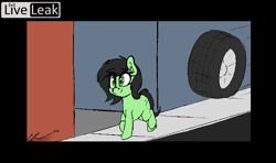Size: 677x401 | Tagged: source needed, safe, artist:seafooddinner, imported from twibooru, oc, oc:filly anon, pony, airpods, black background, clueless, female, filly, image, imminent pain, liveleak, loose wheel, png, simple background, solo, wheel