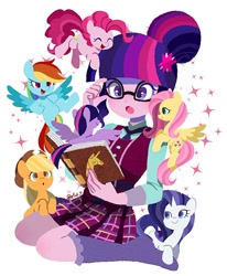 Size: 806x977 | Tagged: safe, artist:efuji_d, imported from derpibooru, applejack, fluttershy, pinkie pie, rainbow dash, rarity, sci-twi, twilight sparkle, alicorn, earth pony, human, pegasus, pony, unicorn, equestria girls, book, clothes, crystal prep academy uniform, cute, dashabetes, diapinkes, female, hair bun, jackabetes, kneeling, mane six, mare, necktie, raribetes, school uniform, shyabetes, simple background, sparkles, spread wings, twiabetes, twilight sparkle (alicorn), twolight, white background, wings