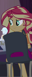 Size: 299x720 | Tagged: safe, imported from twibooru, screencap, sunset shimmer, cheer you on, equestria girls, equestria girls series, spoiler:eqg series (season 2), chair, clothes, determined smile, geode of empathy, image, jewelry, leather vest, magical geodes, necklace, png, raised eyebrow, shoulderless shirt, skirt, spikes