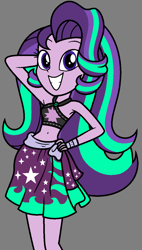 Size: 754x1325 | Tagged: safe, imported from twibooru, screencap, starlight glimmer, equestria girls, equestria girls series, forgotten friendship, armpits, big smile, bikini, bikini top, clothes, clothes swap, cuff, grin, hairstyle, image, png, pose, sarong, smiling, solo, swimsuit, teeth