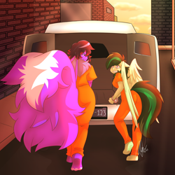 Size: 5000x5000 | Tagged: safe, artist:rick-elfen, imported from derpibooru, oc, oc only, oc:eden shallowleaf, anthro, pegasus, skunk, unguligrade anthro, ass, butt, clothes, duo, female, jumpsuit, mare, prison outfit, van