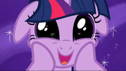 Size: 1280x720 | Tagged: safe, imported from derpibooru, screencap, twilight sparkle, pony, unicorn, the crystal empire, cute, dashface, dilated pupils, eyes on the prize, female, floppy ears, hooves on cheeks, open mouth, smiling, solo, sparkles, squishy, squishy cheeks, starry eyes, twiabetes, unicorn twilight, wingding eyes