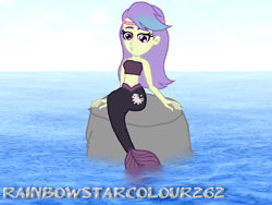 Size: 1024x768 | Tagged: safe, artist:rainbowstarcolour262, imported from derpibooru, snow flower, human, mermaid, equestria girls, adorasexy, bare shoulders, cute, dyed hair, female, fish tail, kissy face, mermaid tail, mermaidized, ocean, rock, sexy, signature, sitting, sky, solo, species swap, strapless bra, tail, water, watermark