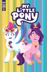 Size: 2063x3131 | Tagged: safe, idw, imported from derpibooru, pipp petals, zipp storm, pegasus, pony, spoiler:comic, spoiler:g5, spoiler:g5comic, spoiler:g5comic17, abstract background, comic cover, crown, cutie mark swap, diadem, duo, duo female, female, g5, headband, high res, hoof hold, hoof polish, implied queen haven, jewelry, looking at you, mare, microphone, my little pony logo, official, official comic, open mouth, raised hoof, regalia, royal sisters (g5), siblings, signature, sisters, spread wings, sunglasses, swapped cutie marks, sweat, sweatdrops, unshorn fetlocks, wings