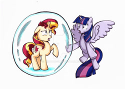 Size: 800x569 | Tagged: safe, artist:innudoggy, imported from derpibooru, sunset shimmer, twilight sparkle, alicorn, pony, unicorn, bubble, cute, deviantart watermark, duo, female, in bubble, obtrusive watermark, sad, shimmerbetes, simple background, soap bubble, sunset shimmer is not amused, twilight sparkle (alicorn), twilight sparkle is not amused, unamused, watermark, white background