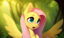 Size: 1280x768 | Tagged: safe, generator:ponydiffusion, imported from derpibooru, fluttershy, pegasus, pony, ai content, ai generated, blushing, cute, forest background, generator:stable diffusion, green eyes, looking sideways, open mouth, pink hair, shyabetes, sitting, solo, spread wings, upper body, wings