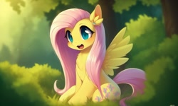 Size: 1280x768 | Tagged: safe, generator:ponydiffusion, imported from derpibooru, fluttershy, pegasus, pony, ai content, ai generated, chest fluff, cute, forest background, generator:stable diffusion, green eyes, looking at you, open mouth, pink hair, shyabetes, sitting, solo, spread wings, wings