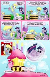 Size: 717x1114 | Tagged: safe, artist:henbe, imported from derpibooru, derpy hooves, dinky hooves, pinkie pie, twilight sparkle, alicorn, earth pony, pony, bubble, clothes line, clothespin, comic, cute, female, floating, in bubble, male, soap bubble, sugarcube corner, trap (device), trapped, twiabetes, twilight sparkle (alicorn), twilight sparkle is not amused, unamused