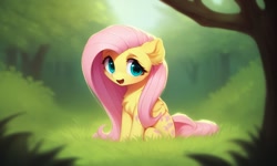 Size: 1280x768 | Tagged: safe, generator:ponydiffusion, imported from derpibooru, fluttershy, pegasus, pony, ai content, ai generated, chest fluff, cute, folded wings, forest background, generator:purplesmart.ai, generator:stable diffusion, green eyes, looking at you, open mouth, pink hair, shyabetes, sitting, solo, wings