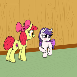 Size: 1000x1000 | Tagged: safe, alternate version, artist:thebathwaterhero, imported from derpibooru, apple bloom, oc, oc:snowie aura, earth pony, pony, unicorn, bloom butt, bow, butt, duo, female, filly, foal, horn, lesbian, plot, tail, tail bow, textless version, unicorn oc