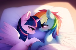 Size: 3072x2048 | Tagged: safe, imported from derpibooru, rainbow dash, twilight sparkle, alicorn, pegasus, pony, ai content, ai generated, blanket, blushing, cuddling, cute, duo, duo female, female, generator:novelai, generator:stable diffusion, happy, high res, horn, indoors, lesbian, looking at each other, looking at someone, loving gaze, lying down, mare, on side, pillow, prompter:endless--, shipping, simple background, smiling, smiling at each other, snuggling, spread wings, twidash, twilight sparkle (alicorn), wings