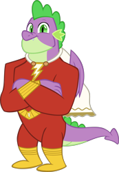 Size: 4471x6468 | Tagged: safe, artist:ponygamer2020, imported from derpibooru, spike, dragon, the last problem, cape, clothes, dc comics, dc extended universe, gigachad spike, looking at you, male, older, older spike, shazam, shazam fury of the gods, simple background, smiling, smiling at you, solo, suit, superhero, transparent background, vector, winged spike, wings