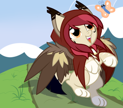 Size: 1600x1400 | Tagged: safe, artist:therebelphoenix, imported from derpibooru, oc, oc only, oc:sandy red, butterfly, sphinx, adoptable, chest fluff, cloak, cloaked, clothes, colored eartips, colored paws, colored pinnae, colored wings, cute, cute little fangs, ear tufts, fangs, grass, looking at something, mountain, multicolored wings, pale belly, red hood, sky, solo, sphinx oc, spread wings, standing on two hooves, sunny day, wings