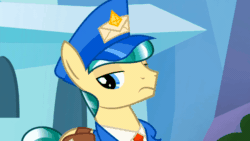 Size: 640x360 | Tagged: safe, imported from derpibooru, screencap, proper postal, crystal pony, earth pony, pony, the parent map, animated, clothes, eyeroll, hat, male, sigh, solo, stallion