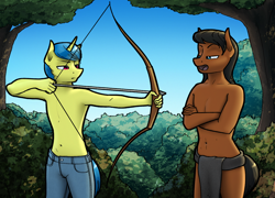 Size: 2880x2070 | Tagged: safe, artist:apocheck13, imported from derpibooru, oc, oc only, anthro, earth pony, unicorn, arrow, bow (weapon), clothes, duo, loincloth, male, male oc, pants, partial nudity, topless, training