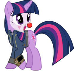 Size: 5089x5000 | Tagged: safe, artist:ponygamer2020, derpibooru exclusive, imported from derpibooru, oc, oc only, oc:twi clown, pony, unicorn, fallout equestria, clothes, clown, clown nose, fallout, female, jumpsuit, not twilight sparkle, open mouth, pipboy, raised hoof, red nose, simple background, solo, transparent background, vault suit, vector